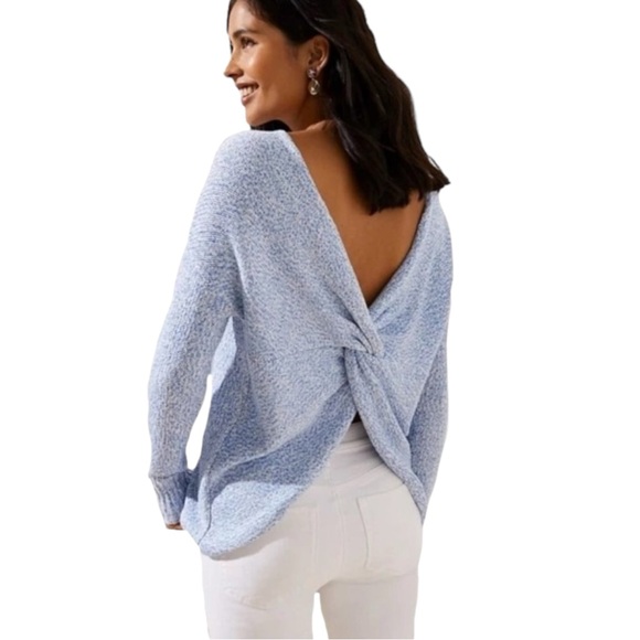 NEW Ann Taylor Loft Blue & White Rib Knit Twist Back Textured Sweater Medium - Picture 2 of 9